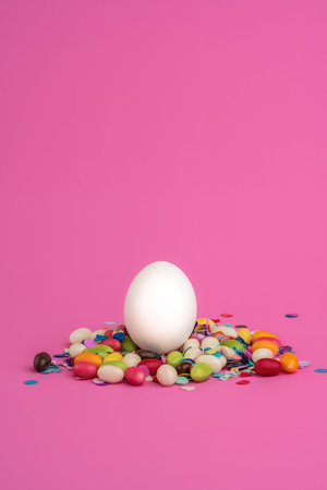 a card design with copy space for easter in pink.in the center a white Easter egg surrounded by...