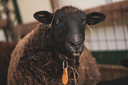 a sheep is standing by the feeding trough in the sheepfold and is leisurely eating its hayの写真素材