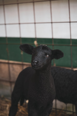 a very young, happy black lamb with a smile on his face