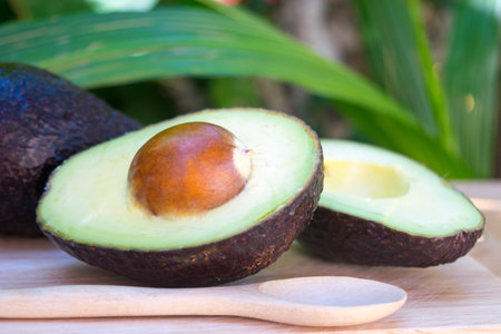 Avocado and avocado pieces on a wooden floor and has a background of green tree, Selected focus