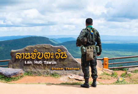 back view thai soldier on Mountain view in sisaket ( Pha Mo E Dang ),Thailand 2019の写真素材