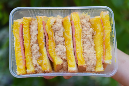 hand holding sandwich on green background