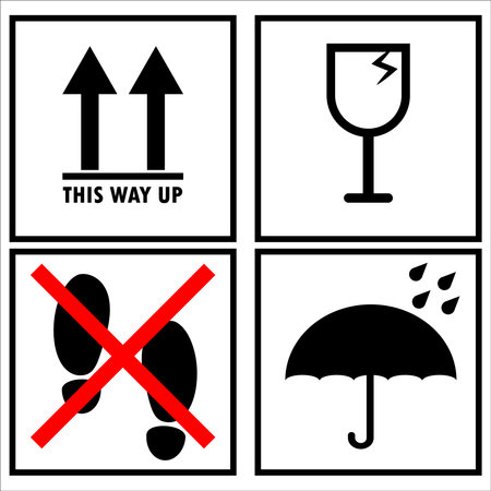 Logistics shipping symbols for cargo packaging in the form of stamps for wooden, and cardboard boxes. Means This way up, Fragile, no stepping on and Keep dry.のイラスト素材