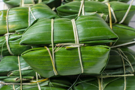Bananas with Sticky Rice. Prepare for steaming to be a delicious Thai dessert.の写真素材