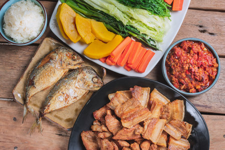 Top View of Thai Food menu with Spicy and Delicious food. The weather is perfect in Southeast Asia.の写真素材