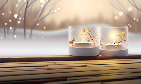 Candles in glass for Christmas decoration, 2 beautiful candles placed on wooden table, winter and snow atmosphere background with blur, Copy space for text.の素材
