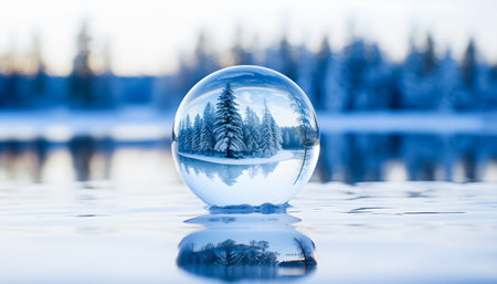 Clear crystal ball placed on water reflects forest and snow, concept of nature and winter beauty, AI Generatedの素材