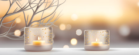 Candles in glass for Christmas decoration, 2 beautiful candles placed on white background, winter atmosphere background with blur.の素材