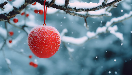 Red Christmas bauble on Pine tree, merry Christmas concept with Space for Text.の素材