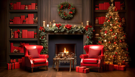 Elegant scene of Christmas home decoration, bright red chairs and golden Christmas tree in front of fireplace, on wooden floor.の素材