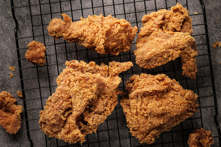 Flat lay of Yellow crispy fried chicken, various parts, thighs, thighs, breasts,の写真素材