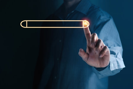 Businessman's hand making touch with icon search in digital world communication with copy space for your text.の写真素材