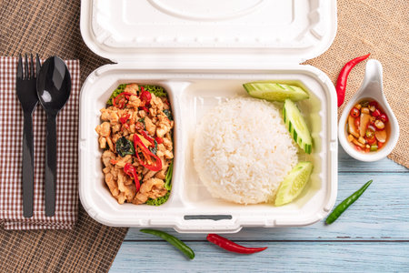 Top View of Stir-fried Basil with Minced Chicken in the box for delivery Popular food to eat in...