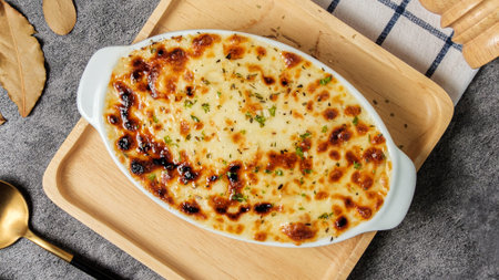 Top Table View of Lasagna in white pasta bowl, Traditional Italian pasta dishes
