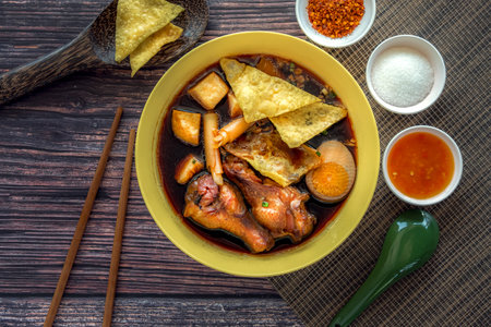 Top View of Chinese food cooked by boiling, adding herbs and side dishes such as chicken, eggs, tofu, etc. in a yellow bowl.の写真素材