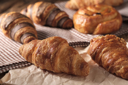 Ciose-up Freshly Baked Croissants and Danish Pastriesの写真素材