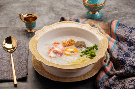Shrimp Congee Served with Egg and Seasonings In Arabian style