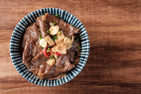 Top View of Beef and Onion (Gyudon ) Served with Rice with copy space for your text.の写真素材