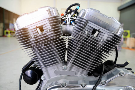 Engine cover cylinder head of motorcycle engine .Motorcycle engine part with sunlight.