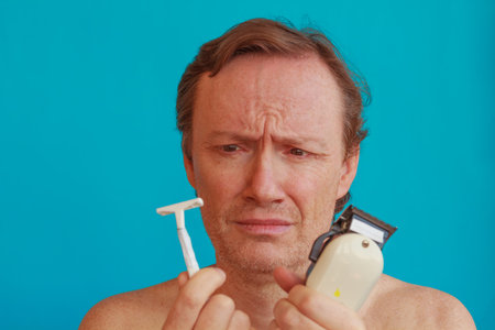 a man to shave but is undecided Whether to choose or razor razorbladeの写真素材