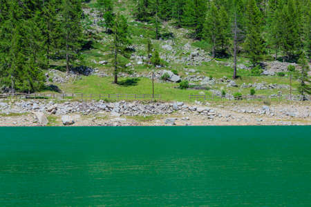 a suggestive green mountain lake The green color of the pines on the mountain reflects on the lakeの写真素材