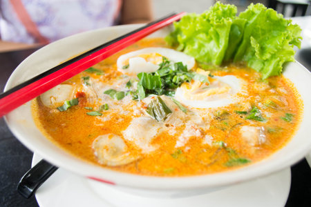 Noodles  Spicy Soup and eggの写真素材