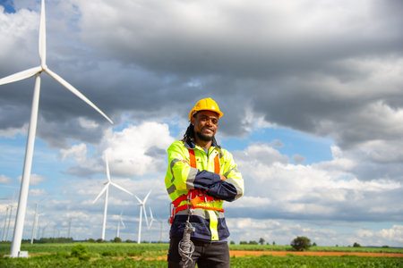 Wind turbine Engineer working in wind turbine farm , Generator station, renewable energy , Sustainable energy industry conceptの写真素材