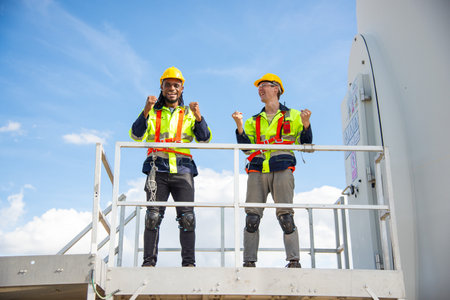 Wind turbine Engineers working in wind turbine farm , Sustainable energy industry concept, Renewable energy solution for climate changeの写真素材