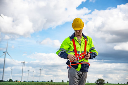 Wind turbine Engineer working in wind turbine farm , Generator station, renewable energy ,...