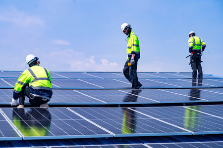 Technician team checks the maintenance of the solar panels on the roof, Sustainable energy industry concept, Renewable energy solution for climate changeの写真素材