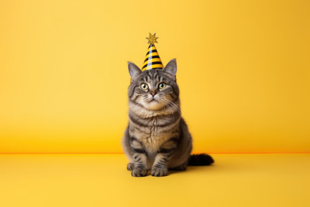 Happy cat celebrating birthday with party hat on, isolated on blue background. Generative AIの素材