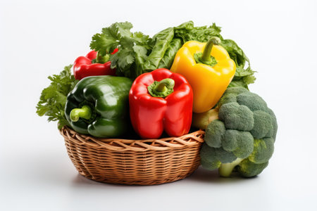 Basket of vegetables in hand of mature man, isolated on white background, studio lighting. Generative AIの素材