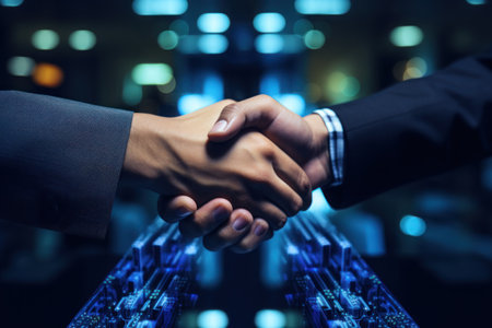 Image of enterprise collaboration, two people shaking hands. Generative AIの素材