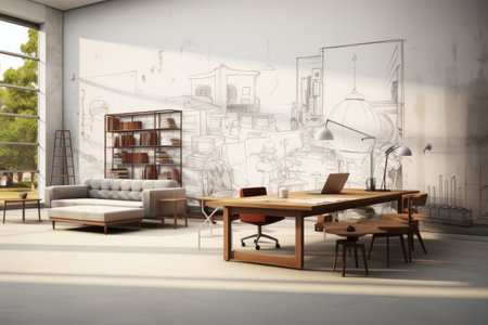 Wall Paper pencil sketch design with modern furniture in foreground. Generative AIの素材