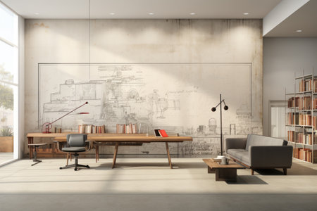Wall Paper pencil sketch design with modern furniture in foreground. Generative AIの素材