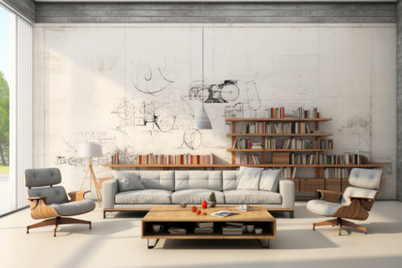 Wall Paper pencil sketch design with modern furniture in foreground. Generative AIの素材