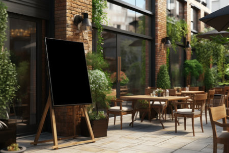 A sign on patio mockup in the restaurant. Generative AIの素材