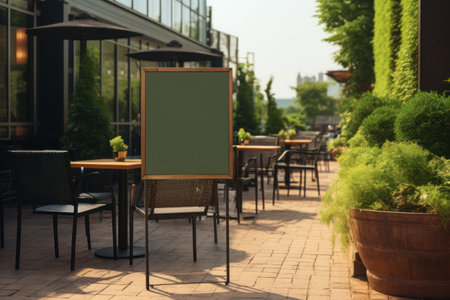 A sign on patio mockup in the restaurant. Generative AIの素材
