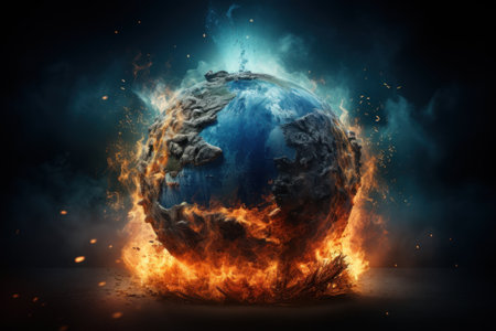 Planet Earth burning, global warming concept. Generative AIの素材