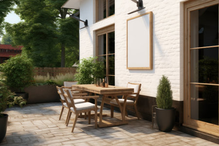 A sign on patio mockup in the restaurant. Generative AIの素材