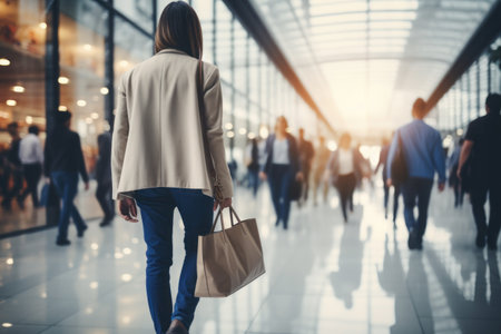 Blurred background of a modern shopping mall with some shoppers. Generative AIの素材