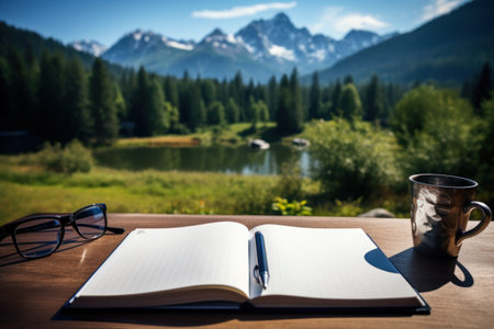 Notebook on the desk, pen next to it, close-up, mountains in the background. Generative AIの素材