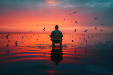 Abstract a man sitting on a chair in front of a body of water with a bird on its back. Generative AIの素材