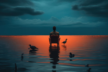 Abstract a man sitting on a chair in front of a body of water with a bird on its back. Generative AIの素材