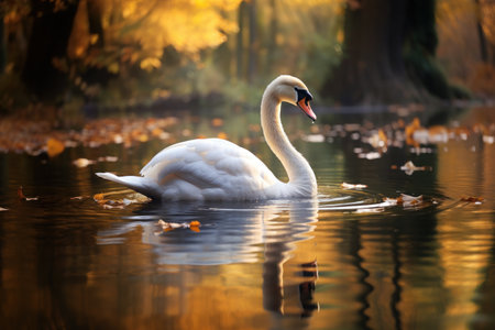 An elegant swan floats on a reflective lake. Made with care and detail. Generative AIの素材