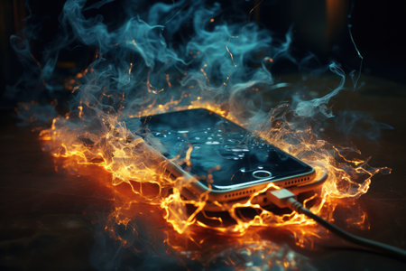 Mobile phone catches fire whilst charging. Fire hazard from mobile device. Generative AIの素材