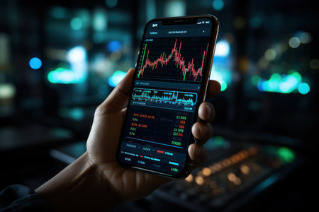 Double explorer business hand holding smartphone with chart trading background. Generative AIの素材