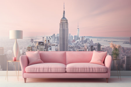 A living room with a pink couch and a blue ottoman. Generative AIの素材