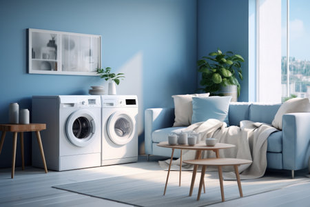 Modern living room corner with washing machine blue and whiteの素材