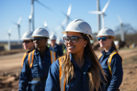 A modern wind farm backdrop team of lady engineers meeting. Generative AI.の素材